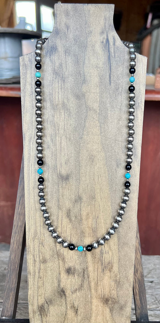 Shorter- Black Onyx,Kingman Turquoise 7mm Pearl Necklace