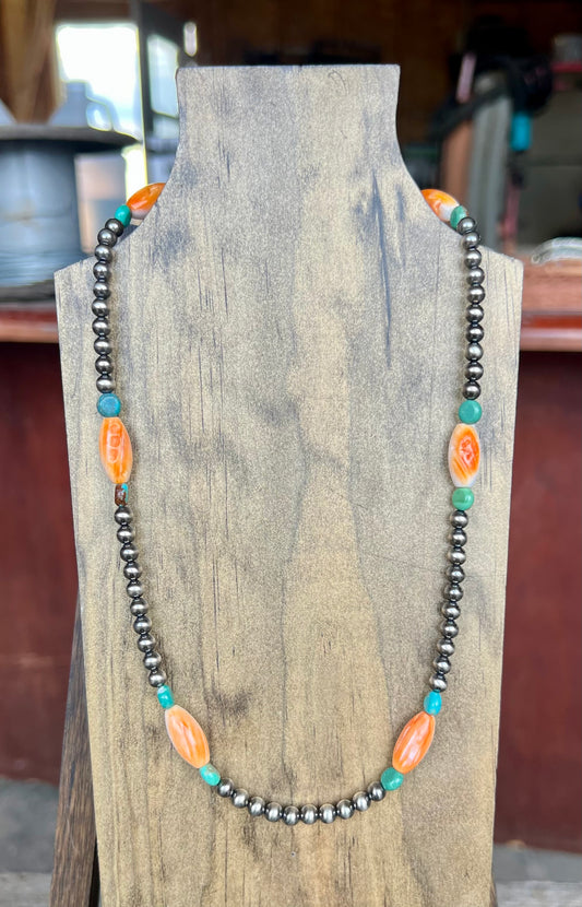 Turquoise, Orange Spiny, Pearl Necklace