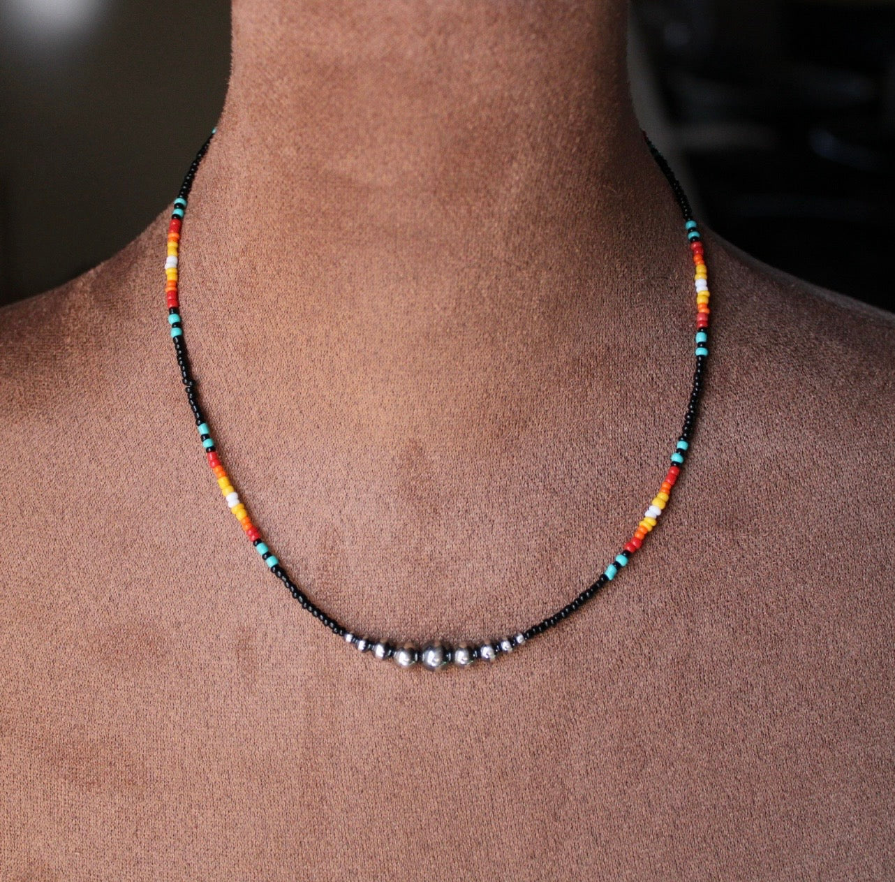 Black/Turq Seed Bead-Grad Pearl Necklace