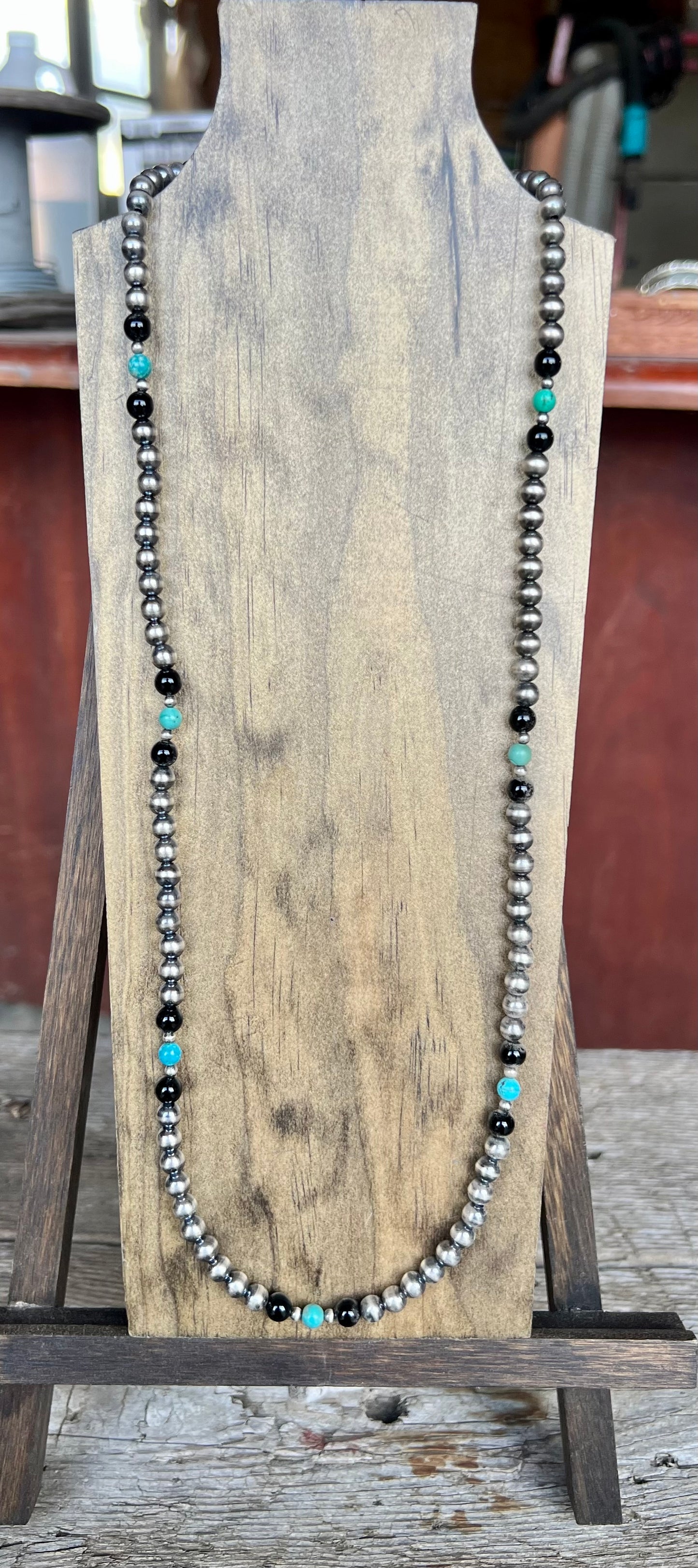Black Onyx, Kingman Turquoise 6mm Pearl Necklace