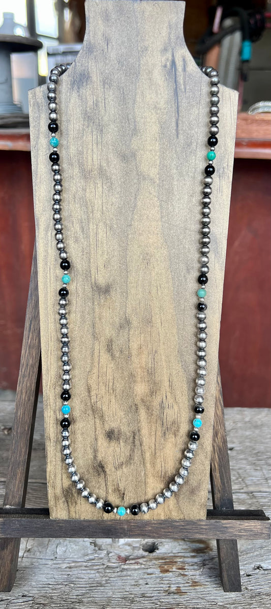 Black Onyx, Kingman Turquoise 6mm Pearl Necklace